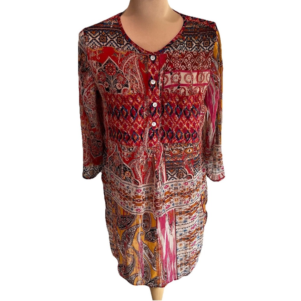 Figueroa & Flower Sheer Popover Tunic Size Small Multi Print Boho Hippie Granola